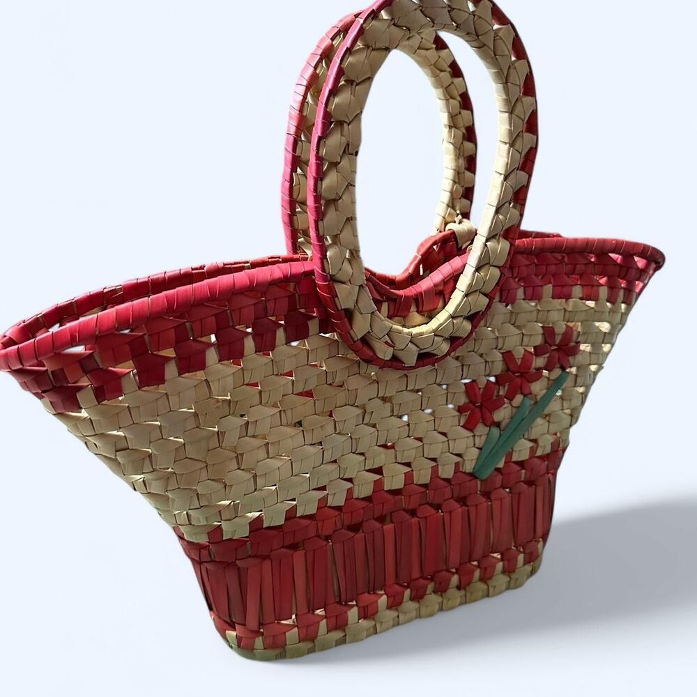 Vintage Woven Straw Tote Purse Red Floral Retro Summer Cottagecore